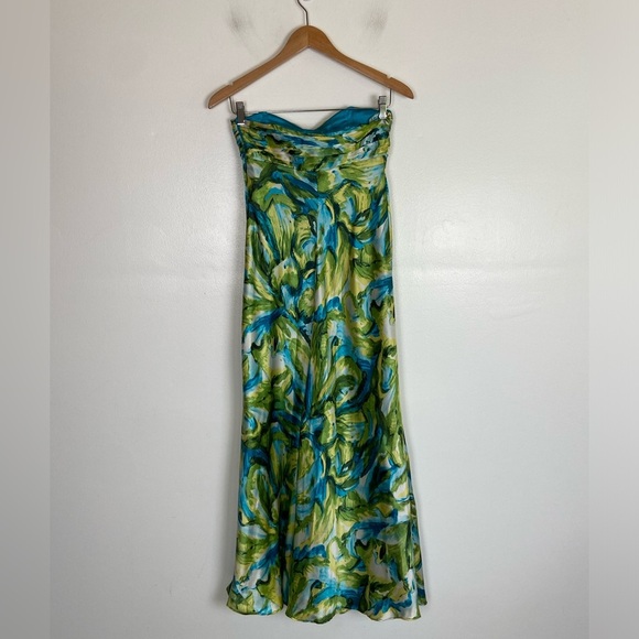 Laundry By Shelly Segal 90s Y2K Satin Strapless Maxi Dress Sz 2 Silky Green Blue - Picture 5 of 11